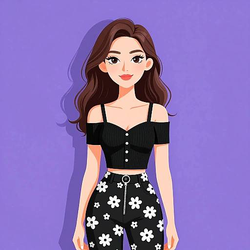 Digital illustration of a young woman with long brown hair, wearing a black off-shoulder top and black floral pants, against a purple background.