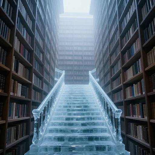 Mystical Library with Ethereal Ice Staircase