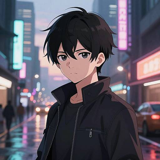 Anime-style digital drawing of a young man with black hair, wearing a black jacket, standing in a neon-lit, rainy city street at dusk.
