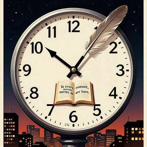 Digital illustration of a large clock with an open book at 10:10, a white feather on the right hand, set against a night sky with