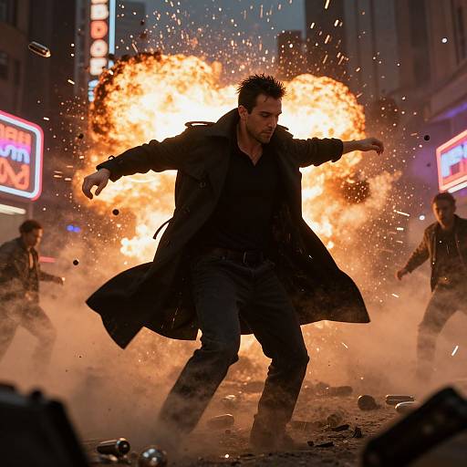 Photograph: Intense action scene of a bearded man in a black coat, dodging a massive explosion in a bustling city street at night,