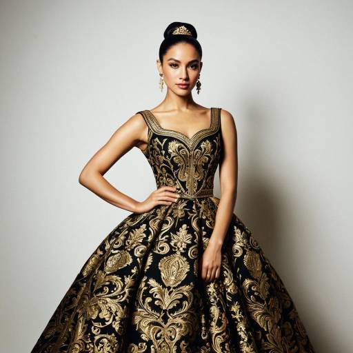 Elegant Woman in Ornate Black and Gold Dress
