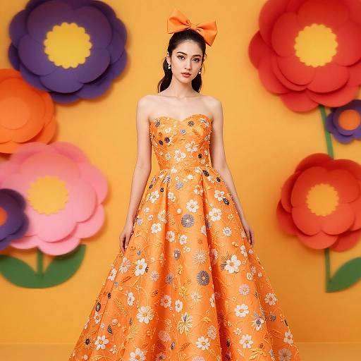 Photograph of a fair-skinned woman with dark hair in an orange floral strapless gown, orange bow, standing before a yellow backdrop with large colorful