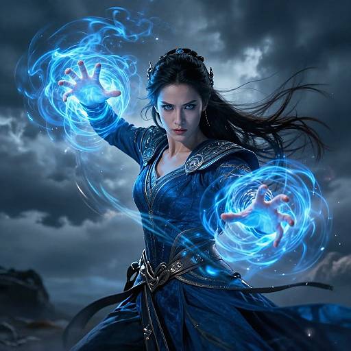 Digital art of a fierce, dark-haired woman in a blue, armored dress, conjuring glowing blue energy orbs under a stormy sky.