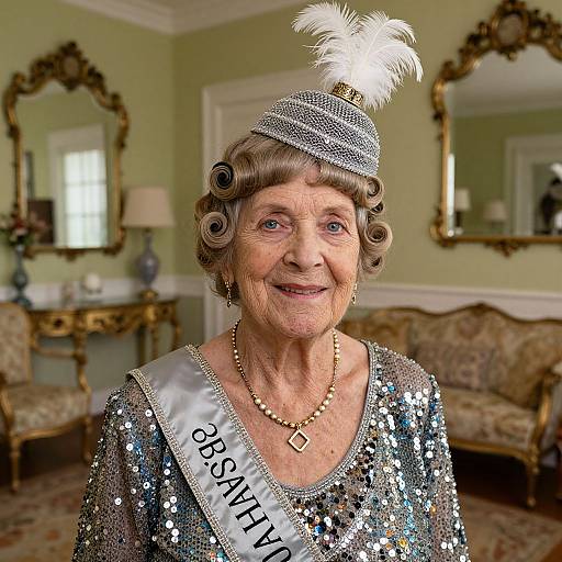 Elderly woman in silver sequined gown and matching hat with white feather, 