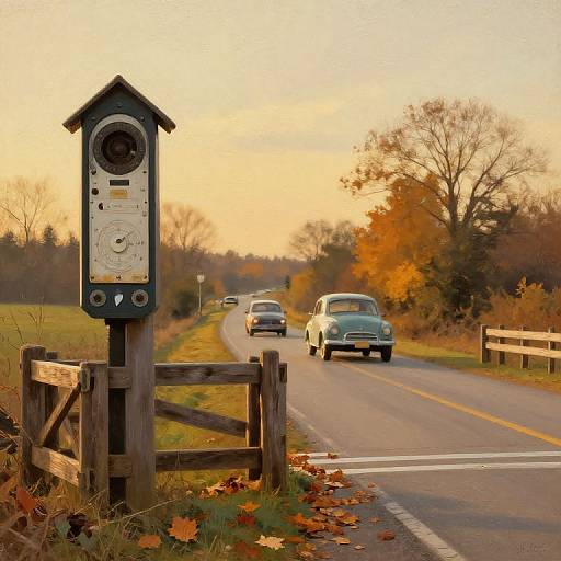 Photograph of a rural autumn road with a vintage blue car, a vintage gray car, and a birdhouse post, surrounded by colorful fall foliage and