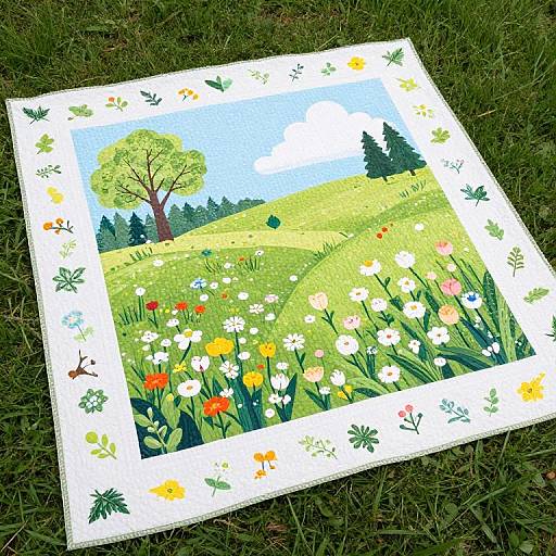 Photograph of a colorful, hand-painted quilt depicting a sunny meadow with flowers, a tree, and rolling hills, lying on green grass.