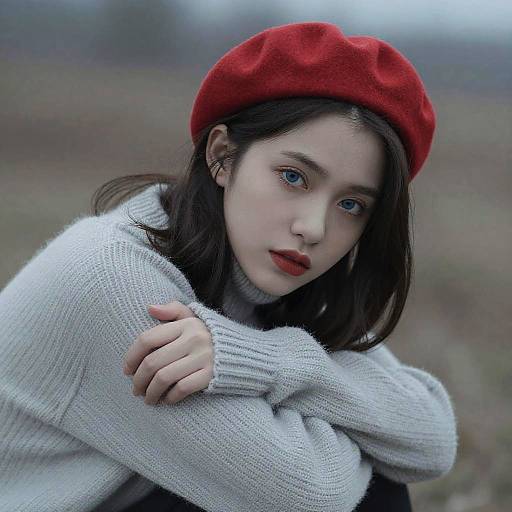Photograph of a young woman with fair skin, blue eyes, and red lipstick, wearing a red beret and white knit sweater, hugging herself