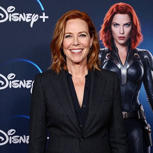 Photograph of a smiling, red-haired woman in a black blazer, with a CGI image of a red-haired superhero in black leather behind her,