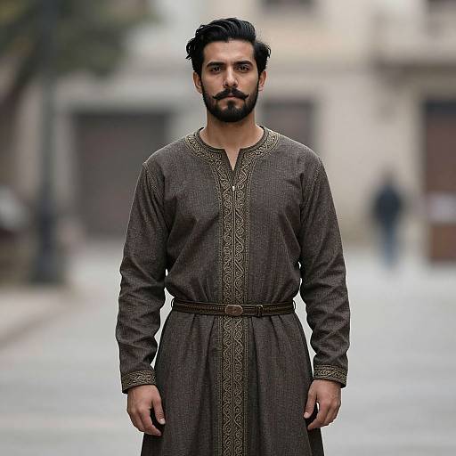 Photograph of a bearded man with dark hair, wearing a brown, long-sleeved, embroidered, belted tunic, standing on a