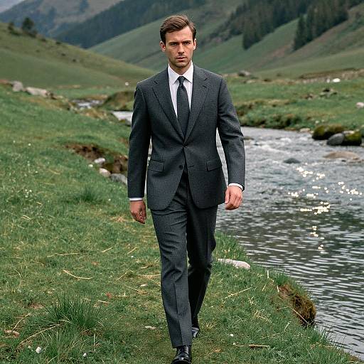 Photograph of a handsome man in a dark gray suit, white shirt, and black tie, walking along a grassy riverside in a mountainous