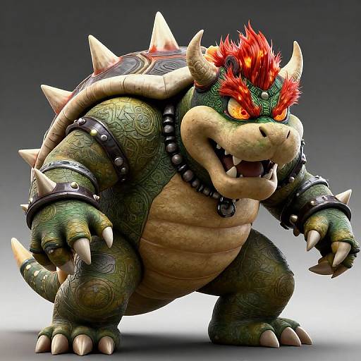 CGI image of Bowser from Mario series, muscular green reptilian creature with red spiky hair, spiked shell, black spiked cuffs, and fierce