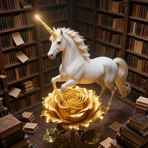 Digital artwork of a white unicorn with a glowing horn, rearing on a golden rose in a dimly lit library.