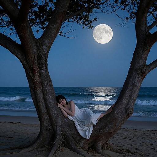 Photograph of a woman in a white dress, sleeping in a tree at a moonlit beach, with a full moon and ocean waves in the background