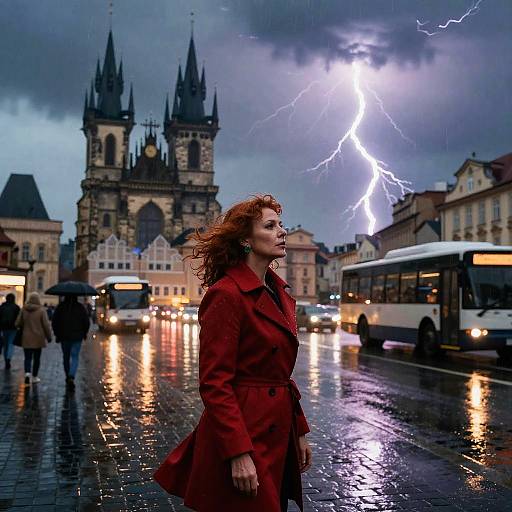 Photograph of a red-haired woman in a red coat, standing in a rain-soaked, lightning-lit European square with Gothic architecture and a bus