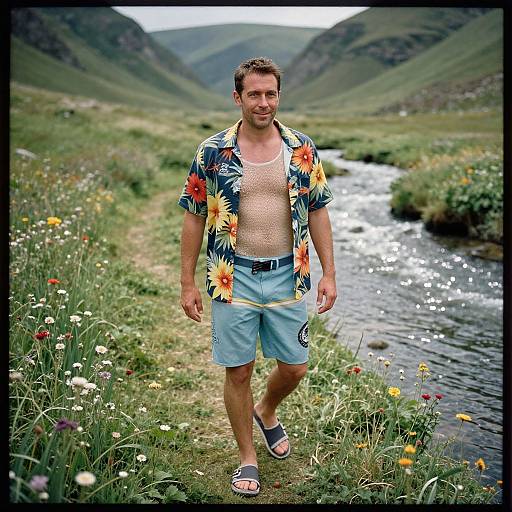 Man in Hawaiian Shirt Walking Valley