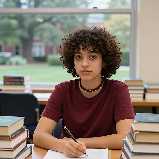 Photograph of a young woman with curly dark hair, wearing a maroon t-shirt and choker, writing in a sunlit library with stacked books