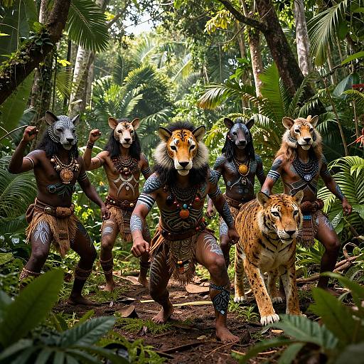 Digital artwork of five anthropomorphic wolves in tribal attire, standing in a dense jungle with a tiger, ready for battle.