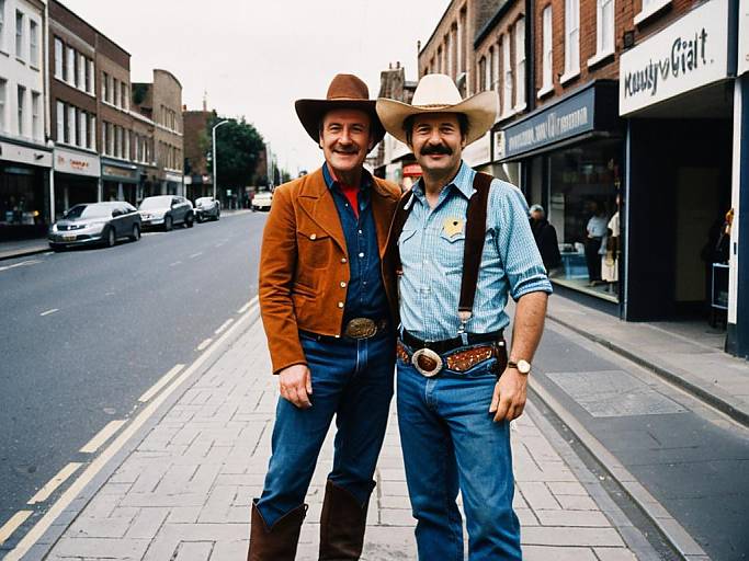 Photograph of two smiling men in cowboy hats and western attire standing on a street, flanked by brick buildings and cars.