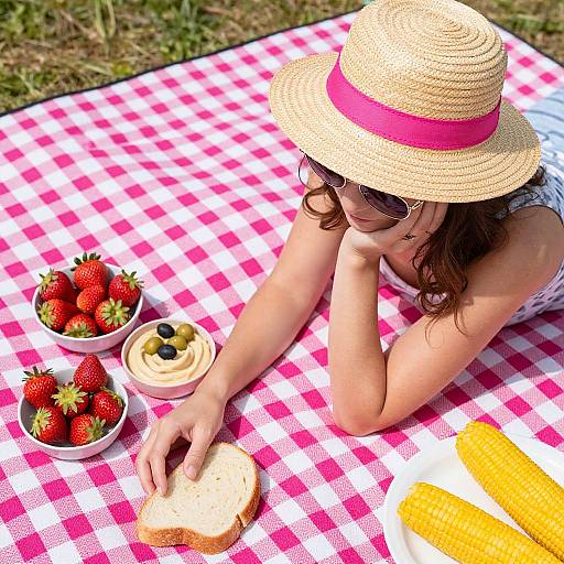 Photograph of a woman in a straw hat and sunglasses, spreading cream on toast on a pink-and-white checkered blanket, with strawberries, blueberries