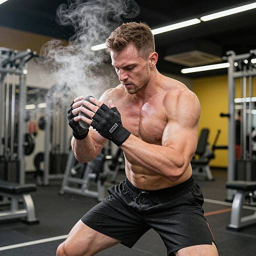 Photograph of a muscular, shirtless white man with short brown hair, black boxing gloves, and black shorts, breathing steam in a modern gym with