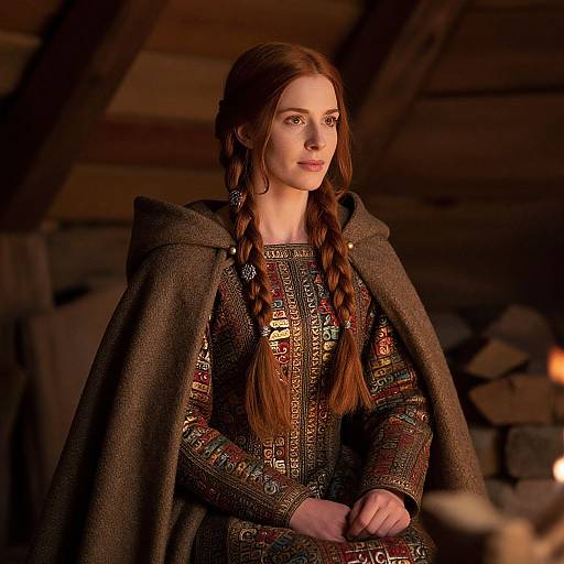 Photograph of a young woman with braided brown hair, wearing an ornate, patterned medieval dress and dark cloak, seated indoors by a fireplace
