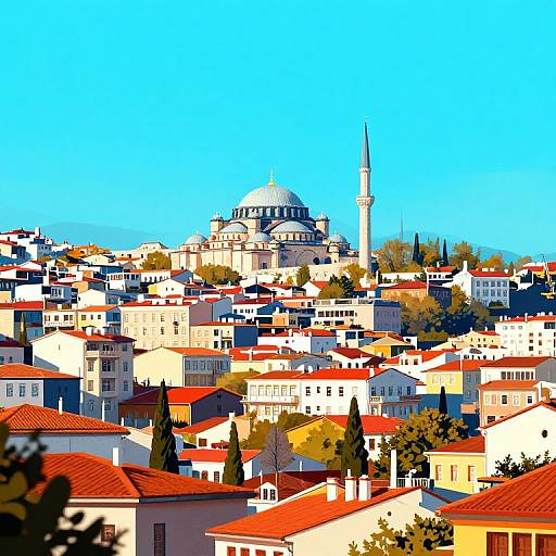 Photograph of Istanbul's skyline featuring a central dome and minaret, surrounded by colorful, red-roofed buildings and greenery under a bright blue