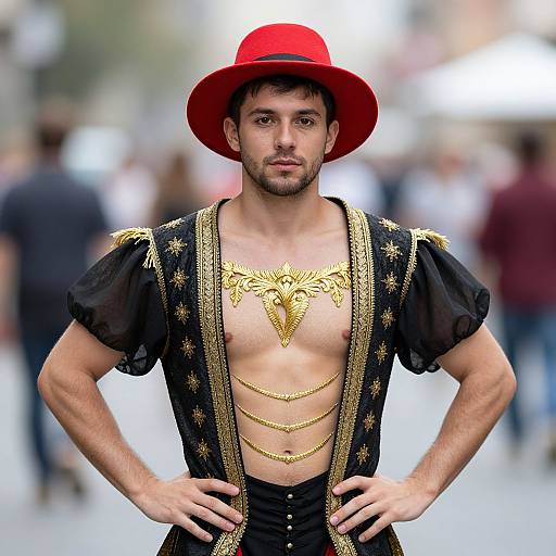 Photograph of a muscular, bearded man with light skin, wearing a red hat, black sheer shirt with gold embroidery, and gold chains across his