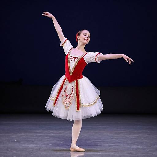 Photograph of a ballet dancer in a red and white dress, performing an elegant arabesque on a dark stage.
