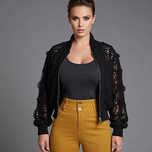 Photograph of a woman with light skin, brown hair in a bun, wearing a black lace jacket, black top, and mustard yellow high-wa