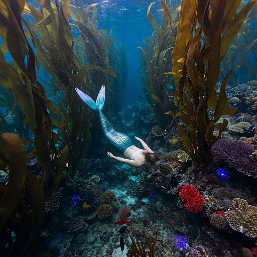 Photograph of a mermaid with a shimmering blue and white tail, floating among dense seaweed and colorful coral in a vibrant underwater scene, bath