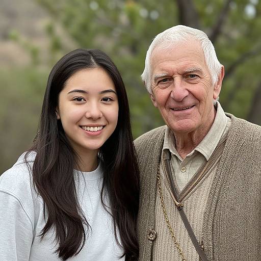 Photograph of an elderly white man with white hair and a brown cardigan, smiling next to a young Asian woman with long black hair and a white