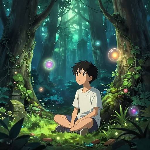 Anime-style illustration of a young boy with black hair, white shirt, and shorts, sitting in a magical forest with glowing fireflies.