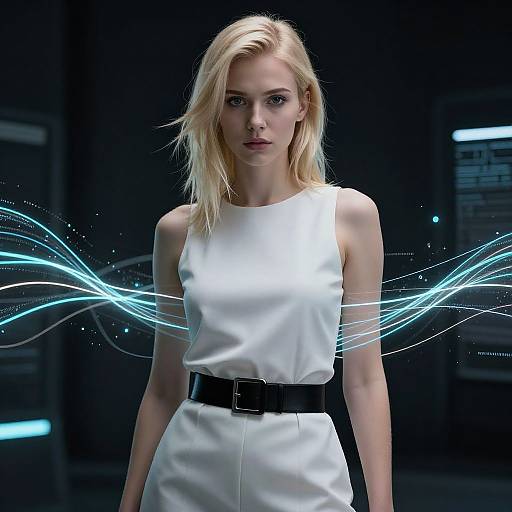 Photograph of a blonde woman with straight hair, wearing a white sleeveless dress with a black belt, standing in a dark, futuristic environment with glowing