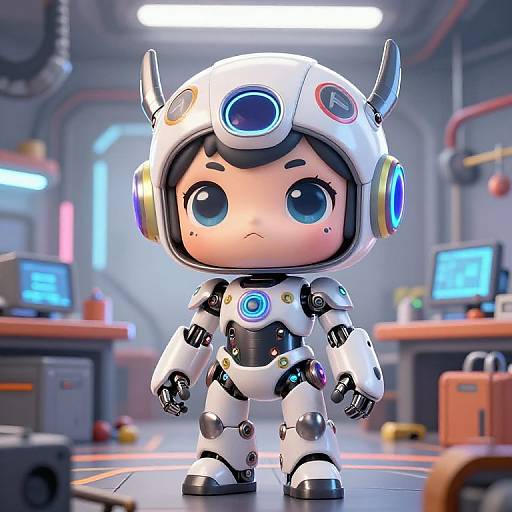 Chibi Anime Robot in Futuristic Workshop