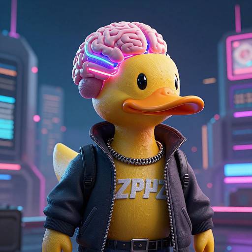 CGI image of a yellow rubber duck with a brain cap, neon highlights, wearing a black jacket and 