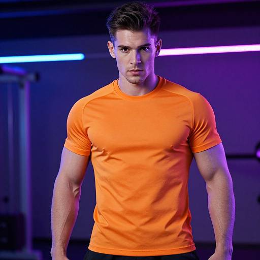 Photograph of a muscular, handsome man with short dark hair, wearing a bright orange, fitted t-shirt, standing in a dimly lit gym with