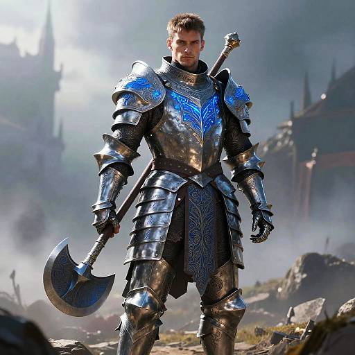 Photorealistic CGI of a muscular, blond, bearded man in shiny blue-embellished steel armor, holding a large axe, standing in