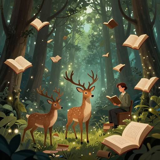 Antlered Librarians Guiding Spectral Deer