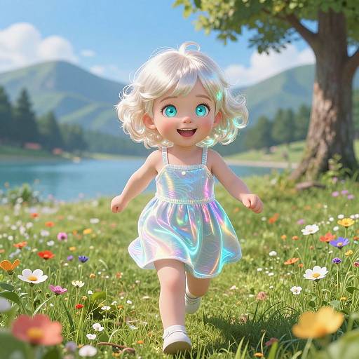 Digital CGI image of a joyful blonde baby with blue eyes, wearing a shimmering white dress, running through a colorful meadow with mountains and a lake