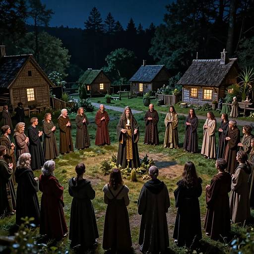 Photograph of a nighttime medieval village scene: robed villagers gather around a lit torch, standing in a grassy circle with wooden cottages illuminated in