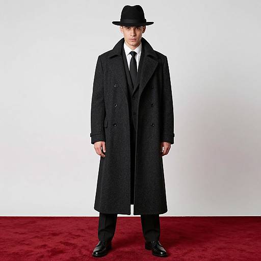 Photograph of a young man in a black trench coat, black tie, white shirt, black fedora, and black shoes, standing on a red