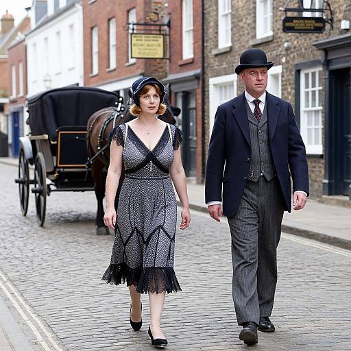 Photograph of a red-haired woman in a black polka-dot dress and hat, walking with a man in a black suit and hat on a cob
