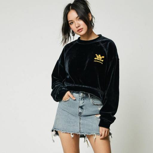 Woman in black velvet sweatshirt and frayed denim skirt