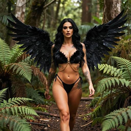 Photograph of a dark-haired woman with black feather wings, black fur bikini, gold chains, and tattoos, walking through a lush forest.