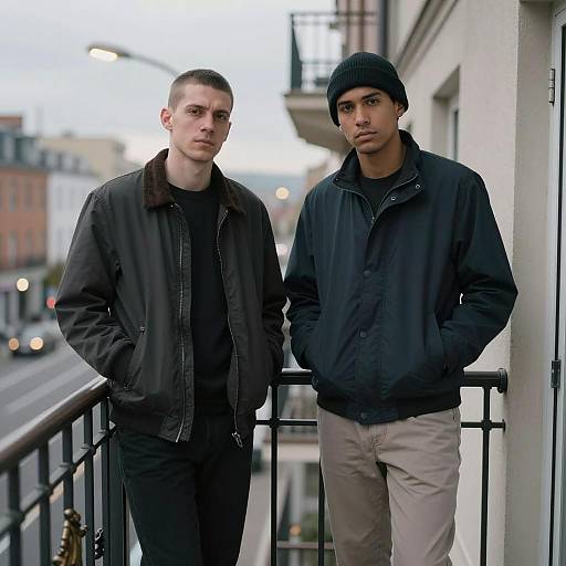 Men on Balcony Overlooking Cityscape