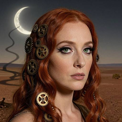 Digital artwork of a red-haired woman with green eyes, wearing mechanical gears in her hair, under a crescent moon in a desert.
