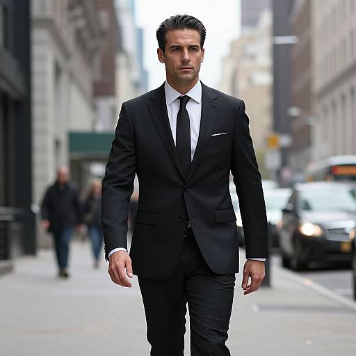 Photograph of a handsome, dark-haired man in a black suit, white shirt, and black tie walking confidently down a city street. Blurred pedestrians