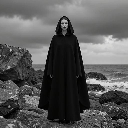 Woman in Black Cloak on Rocky Beach