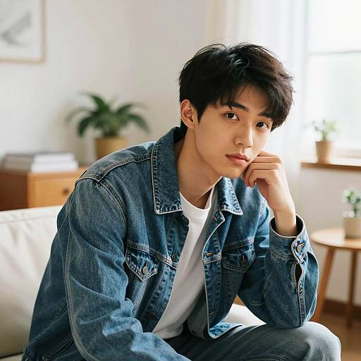 Thoughtful young man in denim jacket indoors